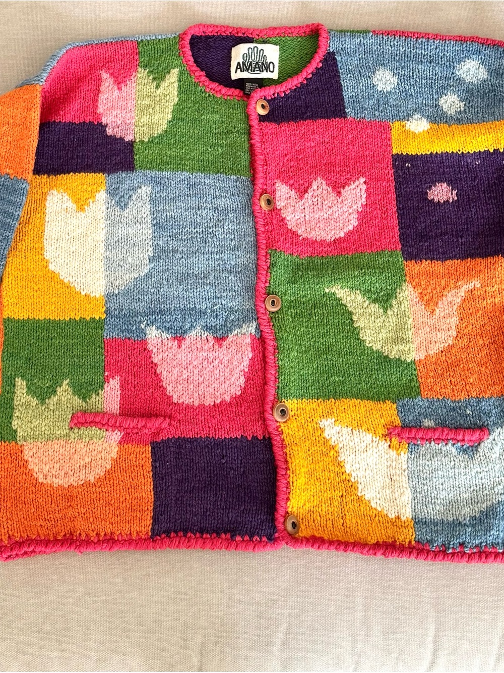 Vintage Amano Cardigan Women's
XL Multicoloured Tulips Handknit
Handmade Bolivia - Picture 5 of 6